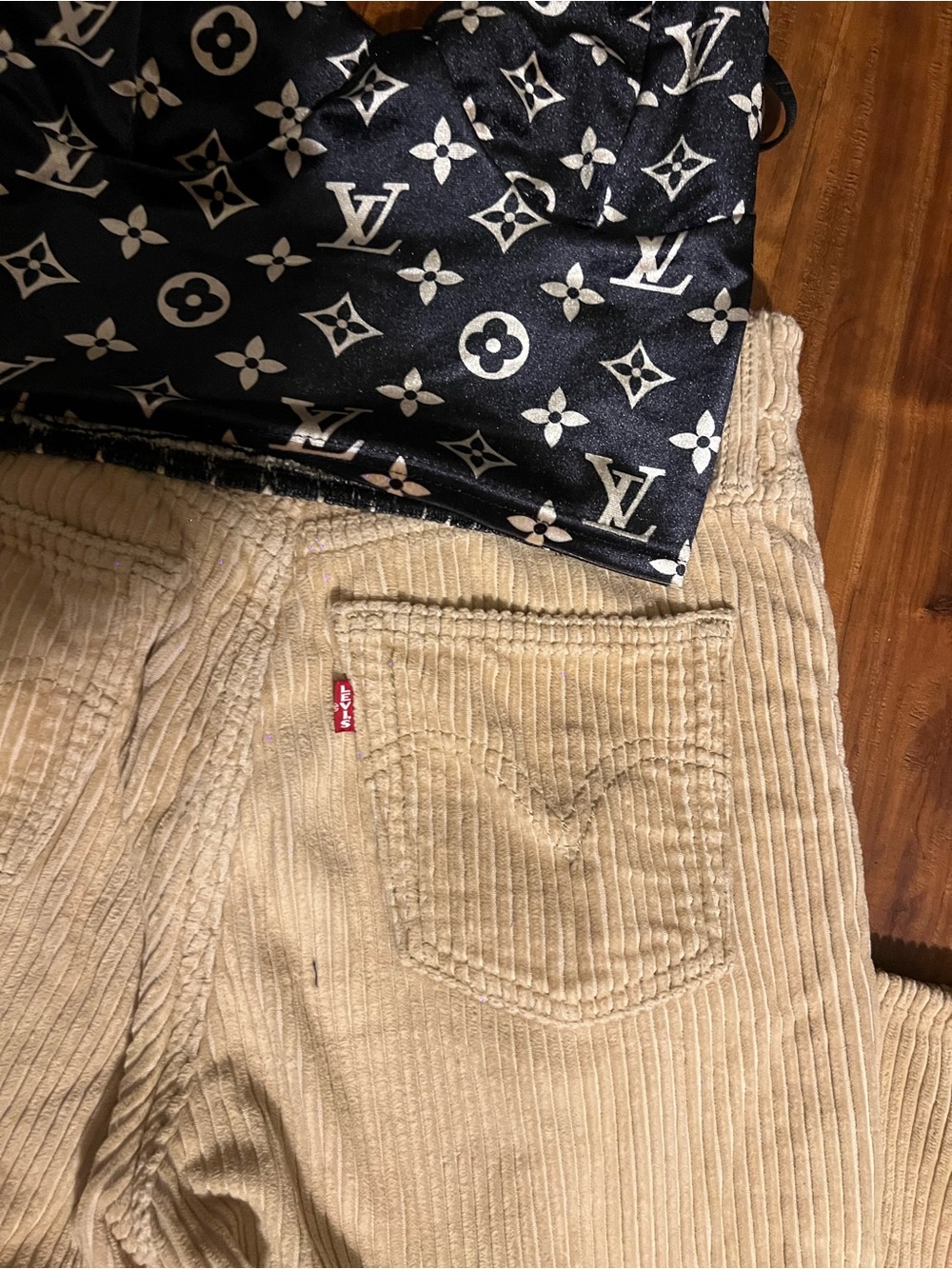 Levi's Tan Corduroy Pants with Black Monogram Scarf